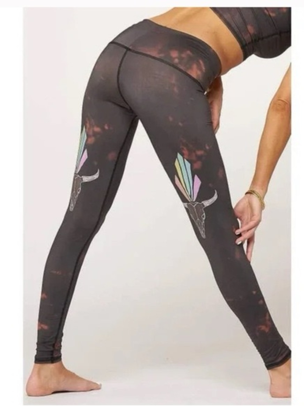 Teeki Buffalo Princess Black Tie-Dye Leggings with Colorful Bull Skull Yoga